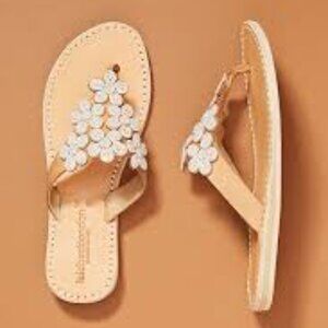 Laidback London Cooper Anthropologie Leather White Beaded Flower Flat Sandals 37